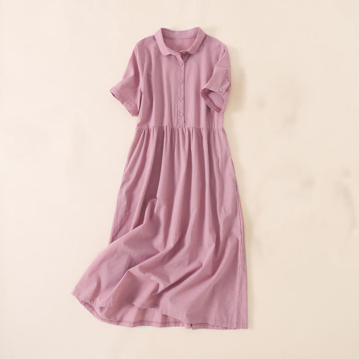 Robe mi-longue d'été en coton et lin à manches courtes et boutons Buddha Stones avec poches