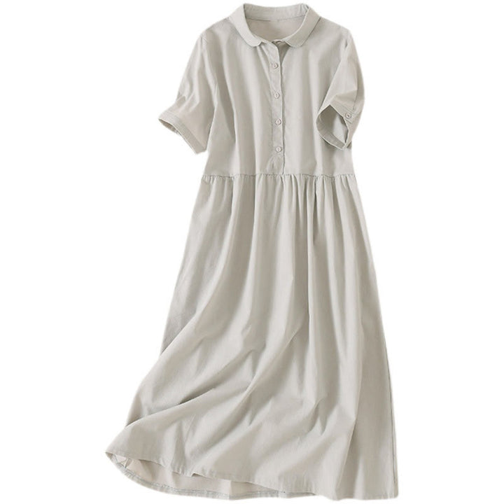 Robe mi-longue d'été en coton et lin à manches courtes et boutons Buddha Stones avec poches