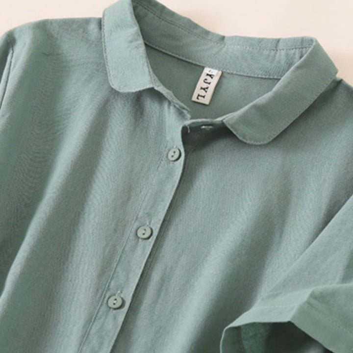 Robe mi-longue d'été en coton et lin à manches courtes et boutons Buddha Stones avec poches - image 24