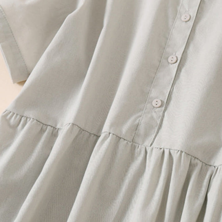 Robe mi-longue d'été en coton et lin à manches courtes et boutons Buddha Stones avec poches - image 10