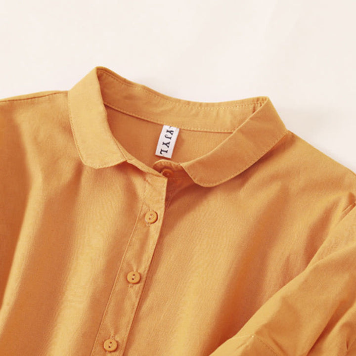 Robe mi-longue d'été en coton et lin à manches courtes et boutons Buddha Stones avec poches - image 19