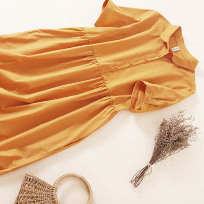 Robe mi-longue d'été en coton et lin à manches courtes et boutons Buddha Stones avec poches - image 20