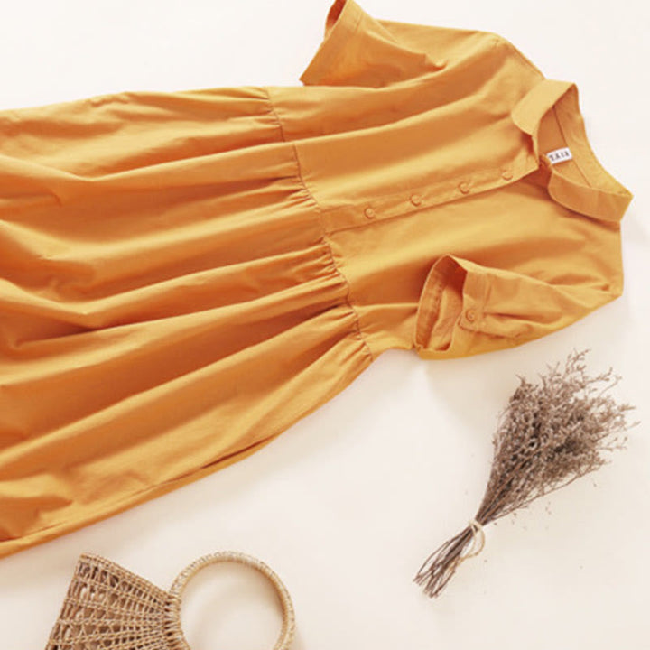 Robe mi-longue d'été en coton et lin à manches courtes et boutons Buddha Stones avec poches - image 20