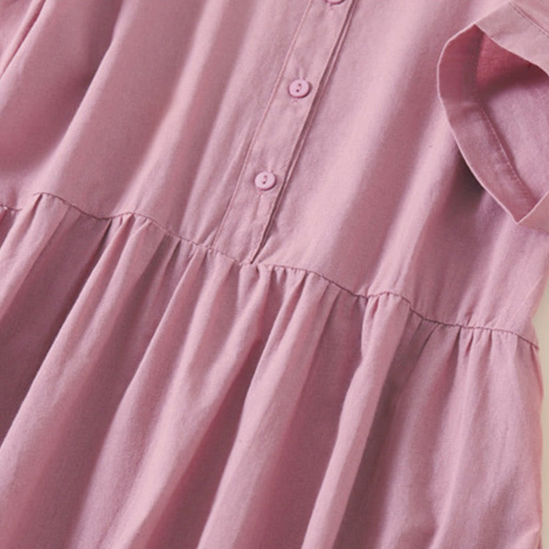 Robe mi-longue d'été en coton et lin à manches courtes et boutons Buddha Stones avec poches - image 2