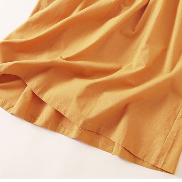 Robe mi-longue d'été en coton et lin à manches courtes et boutons Buddha Stones avec poches