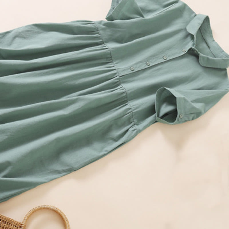 Robe mi-longue d'été en coton et lin à manches courtes et boutons Buddha Stones avec poches - image 25