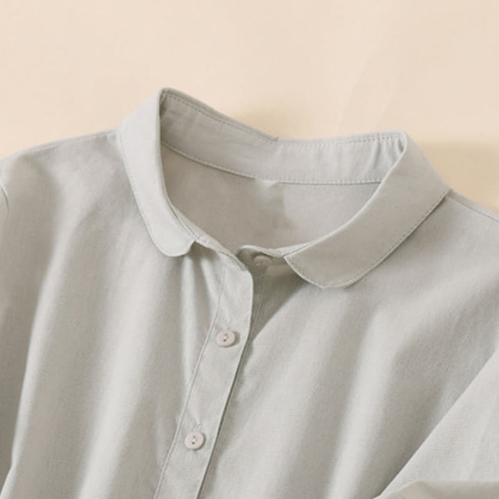 Robe mi-longue d'été en coton et lin à manches courtes et boutons Buddha Stones avec poches - image 8