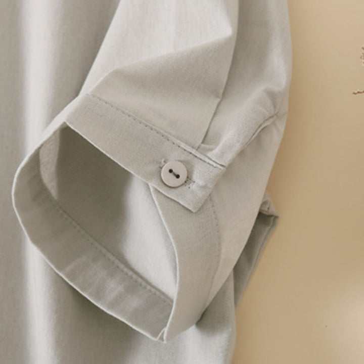 Robe mi-longue d'été en coton et lin à manches courtes et boutons Buddha Stones avec poches - image 13