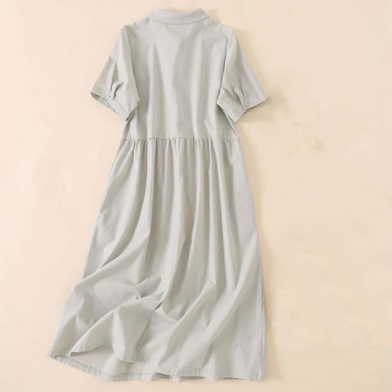 Robe mi-longue d'été en coton et lin à manches courtes et boutons Buddha Stones avec poches