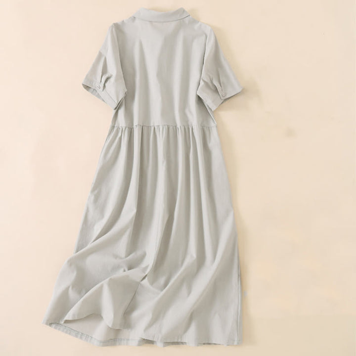 Robe mi-longue d'été en coton et lin à manches courtes et boutons Buddha Stones avec poches