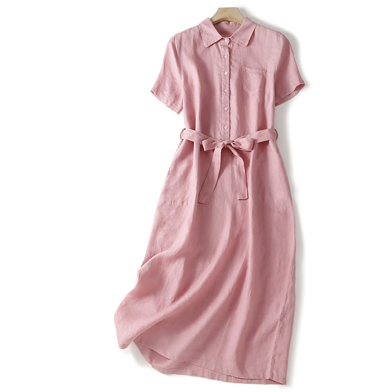 Robe mi-longue d'été en coton Buddha Stones à lacets et manches courtes avec poches