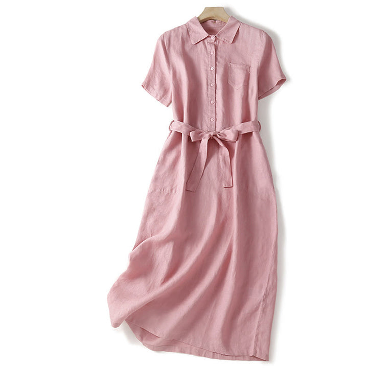 Robe mi-longue d'été en coton Buddha Stones à lacets et manches courtes avec poches