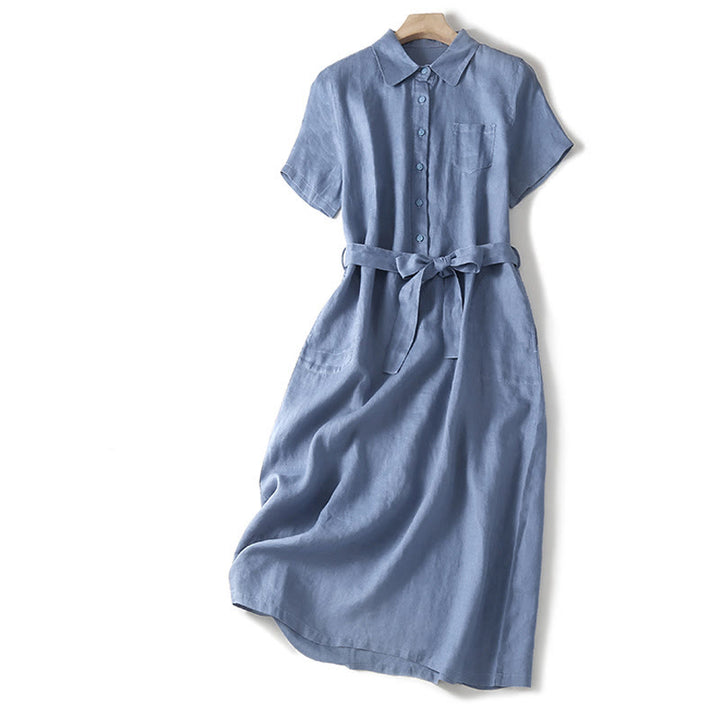 Robe mi-longue d'été en coton Buddha Stones à lacets et manches courtes avec poches