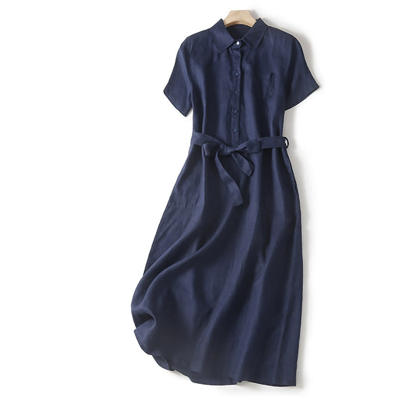 Robe mi-longue d'été en coton Buddha Stones à lacets et manches courtes avec poches
