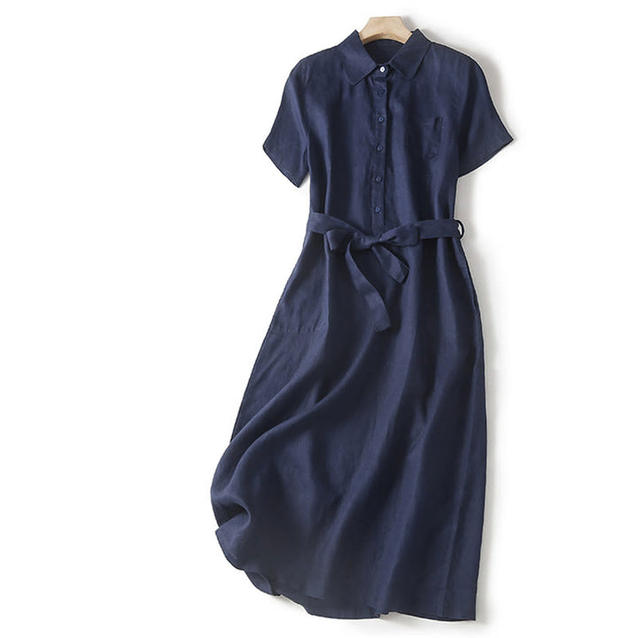 Robe mi-longue d'été en coton Buddha Stones à lacets et manches courtes avec poches