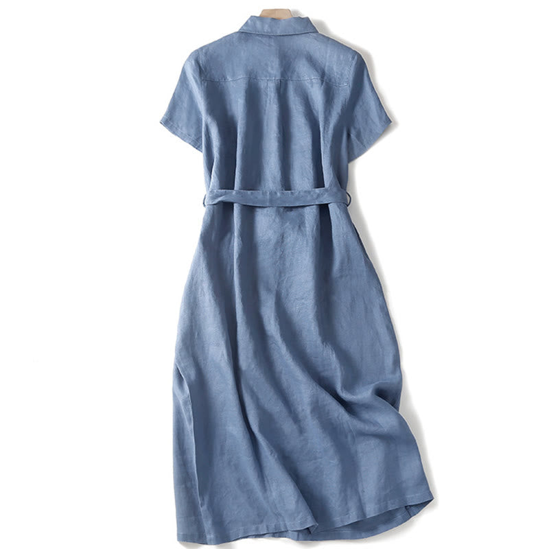 Robe mi-longue d'été en coton Buddha Stones à lacets et manches courtes avec poches