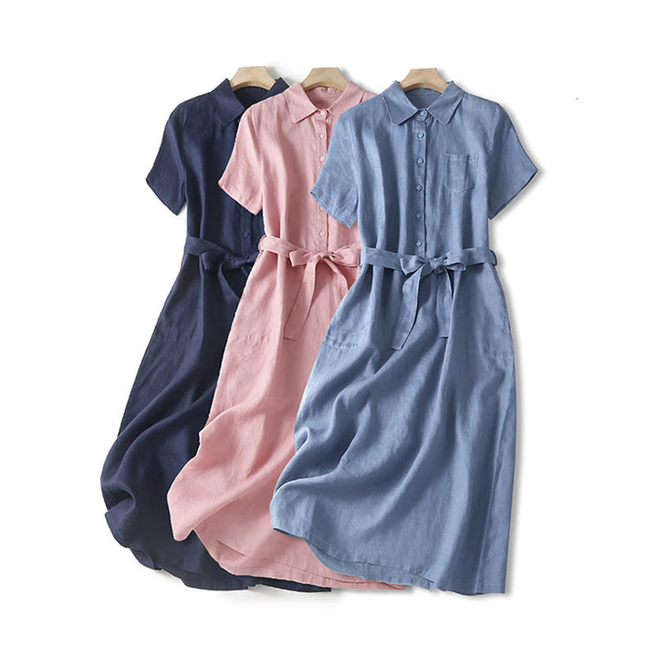 Robe mi-longue d'été en coton Buddha Stones à lacets et manches courtes avec poches