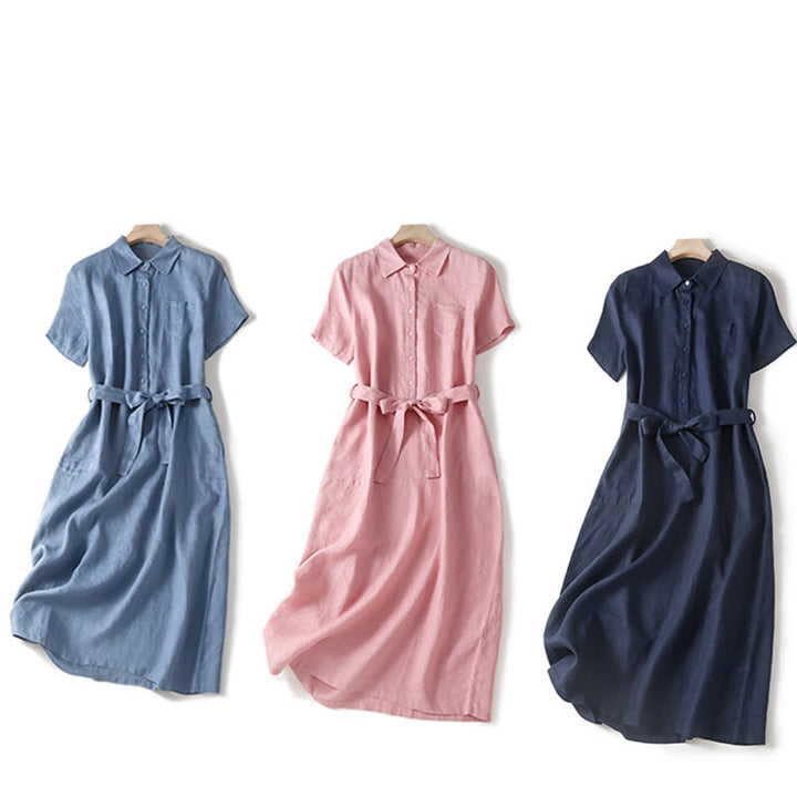 Robe mi-longue d'été en coton Buddha Stones à lacets et manches courtes avec poches