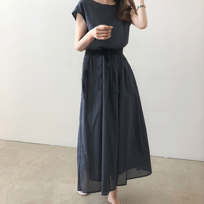 Robe midi décontractée en coton et lin à manches courtes avec cordon de serrage et motif Buddha Stones