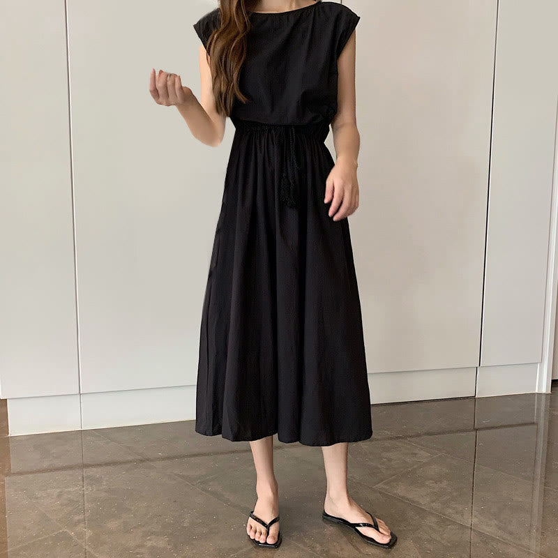 Robe midi décontractée en coton et lin à manches courtes avec cordon de serrage et motif Buddha Stones