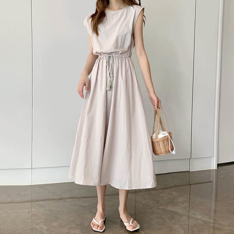 Robe midi décontractée en coton et lin à manches courtes avec cordon de serrage et motif Buddha Stones