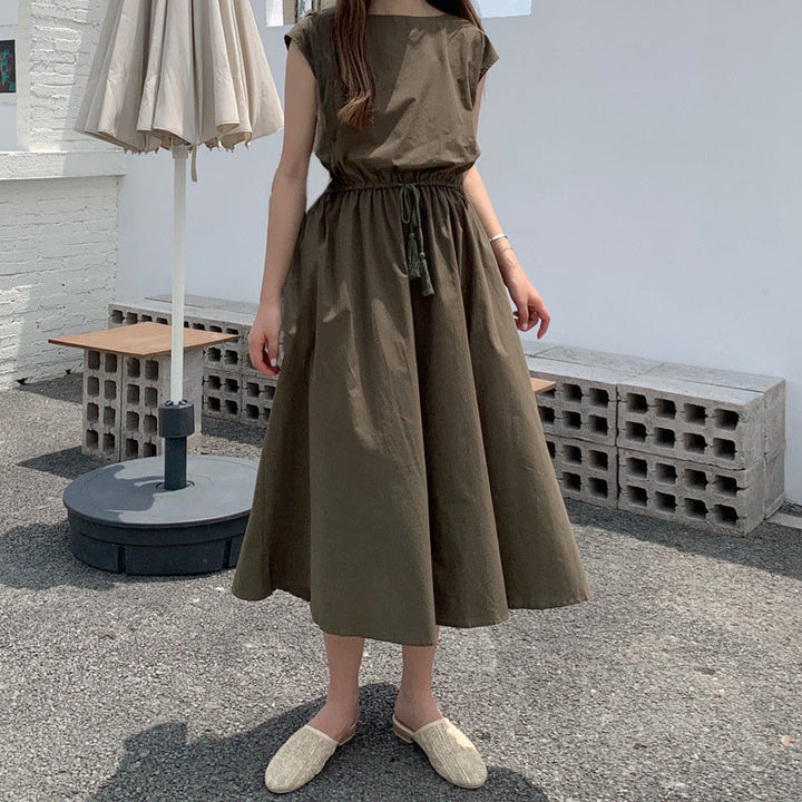 Robe midi décontractée en coton et lin à manches courtes avec cordon de serrage et motif Buddha Stones