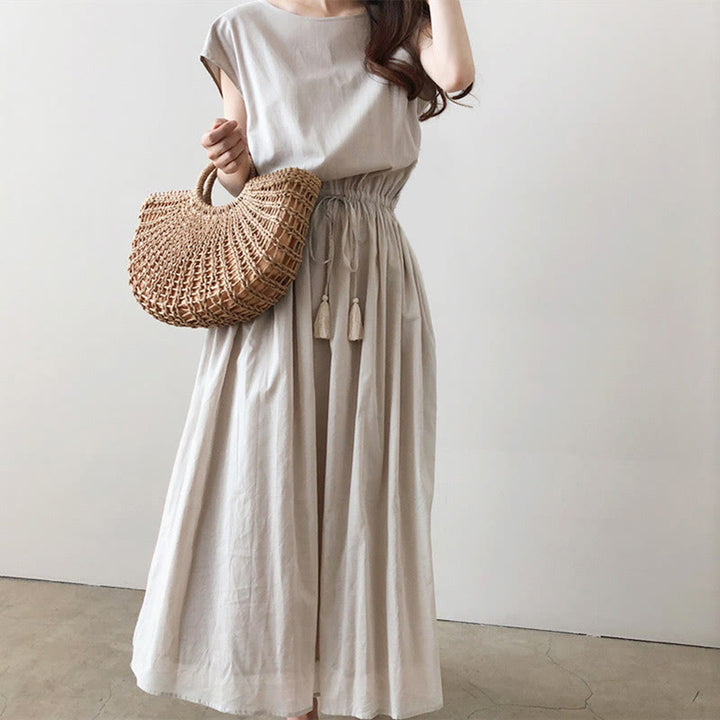 Robe midi décontractée en coton et lin à manches courtes avec cordon de serrage et motif Buddha Stones