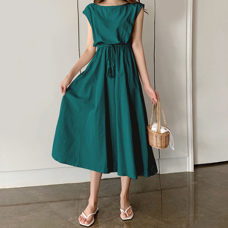 Robe midi décontractée en coton et lin à manches courtes avec cordon de serrage et motif Buddha Stones