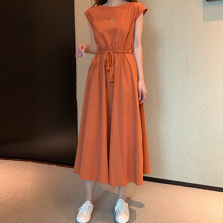 Robe midi décontractée en coton et lin à manches courtes avec cordon de serrage et motif Buddha Stones