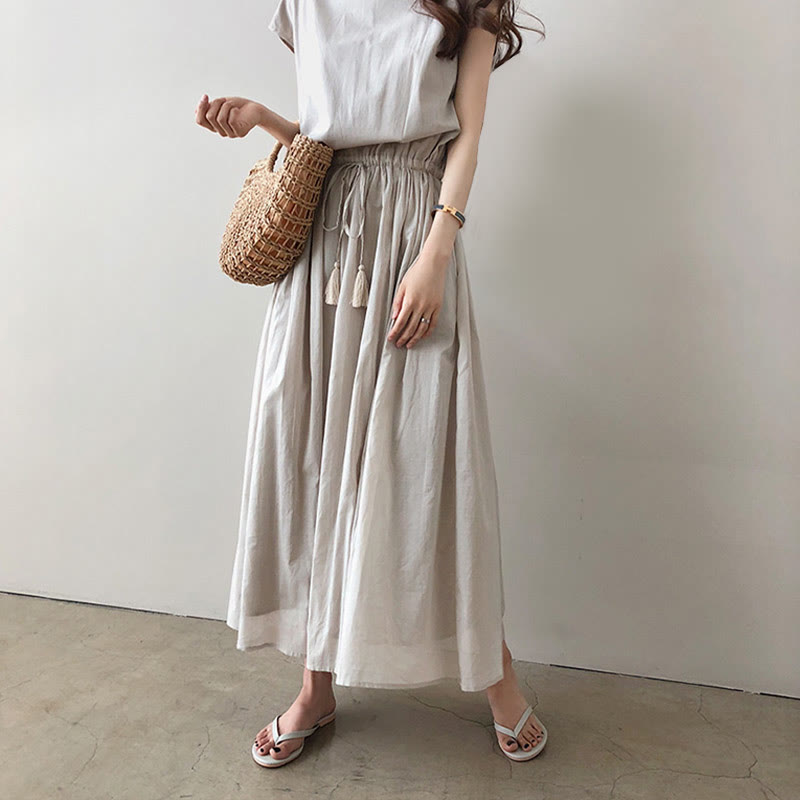 Robe midi décontractée en coton et lin à manches courtes avec cordon de serrage et motif Buddha Stones