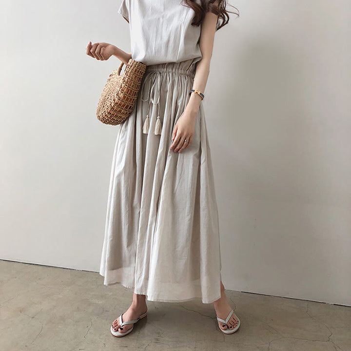 Robe midi décontractée en coton et lin à manches courtes avec cordon de serrage et motif Buddha Stones