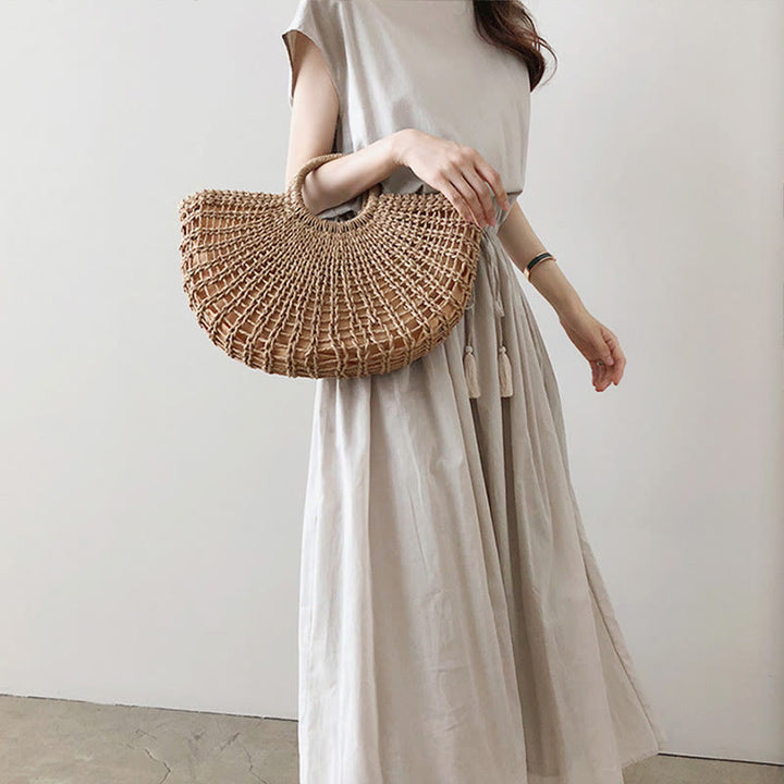 Robe midi décontractée en coton et lin à manches courtes avec cordon de serrage et motif Buddha Stones