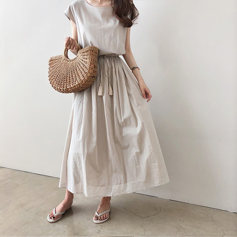 Robe midi décontractée en coton et lin à manches courtes avec cordon de serrage et motif Buddha Stones