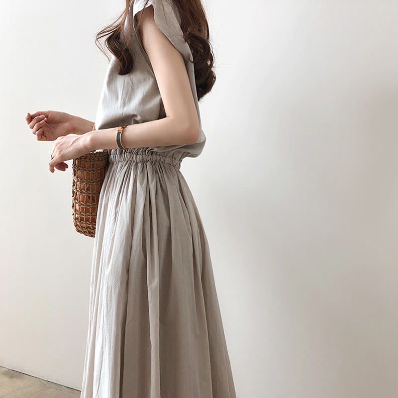 Robe midi décontractée en coton et lin à manches courtes avec cordon de serrage et motif Buddha Stones