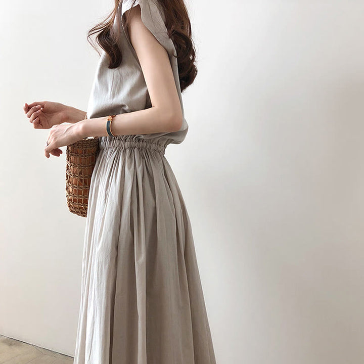 Robe midi décontractée en coton et lin à manches courtes avec cordon de serrage et motif Buddha Stones