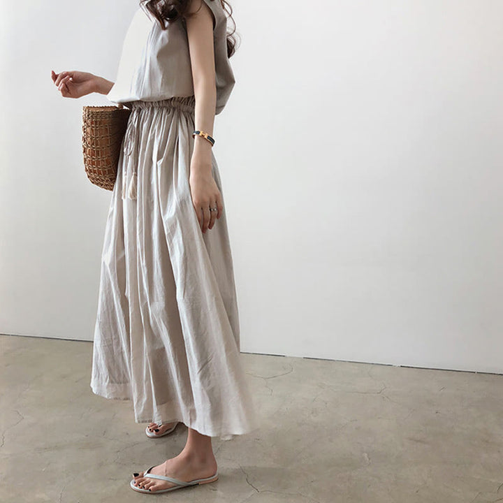 Robe midi décontractée en coton et lin à manches courtes avec cordon de serrage et motif Buddha Stones