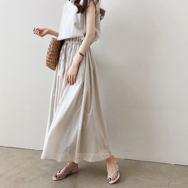 Robe midi décontractée en coton et lin à manches courtes avec cordon de serrage et motif Buddha Stones