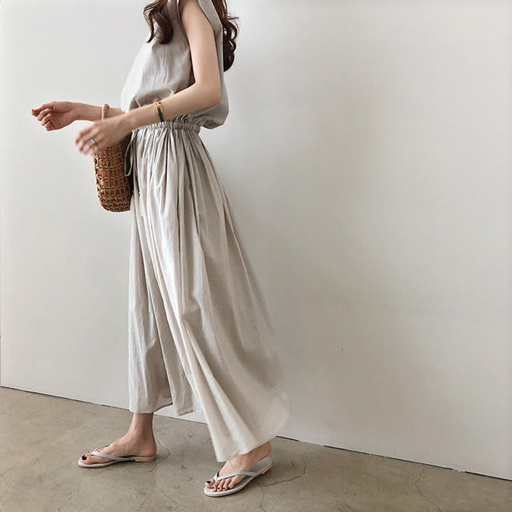 Robe midi décontractée en coton et lin à manches courtes avec cordon de serrage et motif Buddha Stones