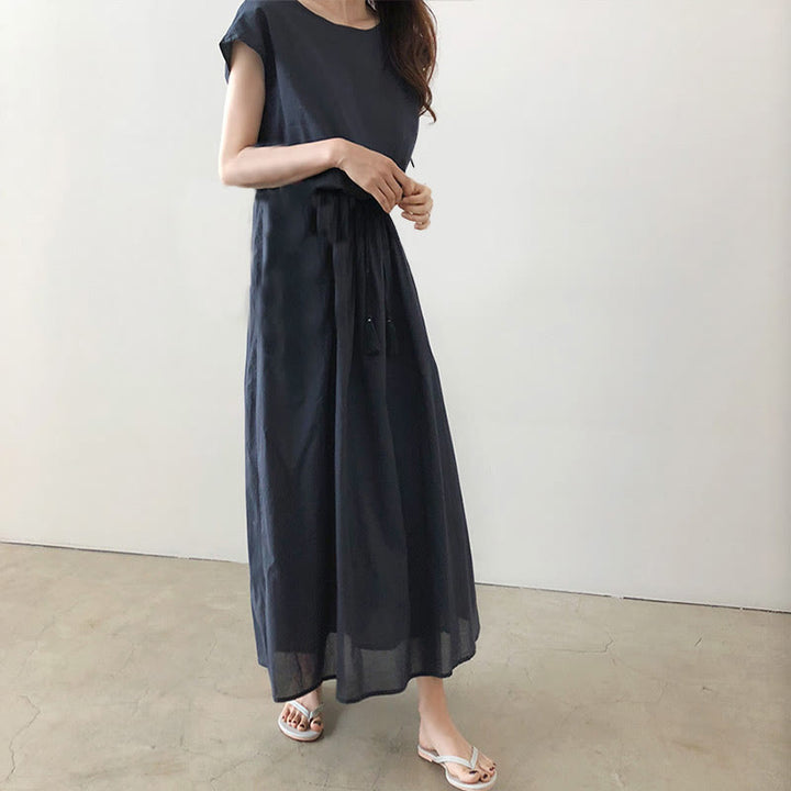 Robe midi décontractée en coton et lin à manches courtes avec cordon de serrage et motif Buddha Stones
