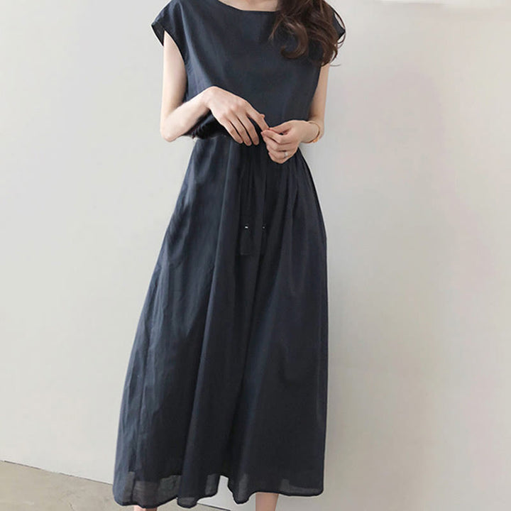 Robe midi décontractée en coton et lin à manches courtes avec cordon de serrage et motif Buddha Stones