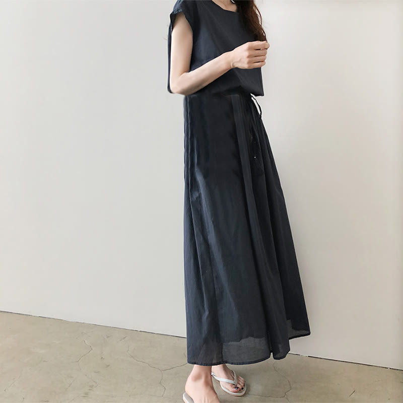 Robe midi décontractée en coton et lin à manches courtes avec cordon de serrage et motif Buddha Stones