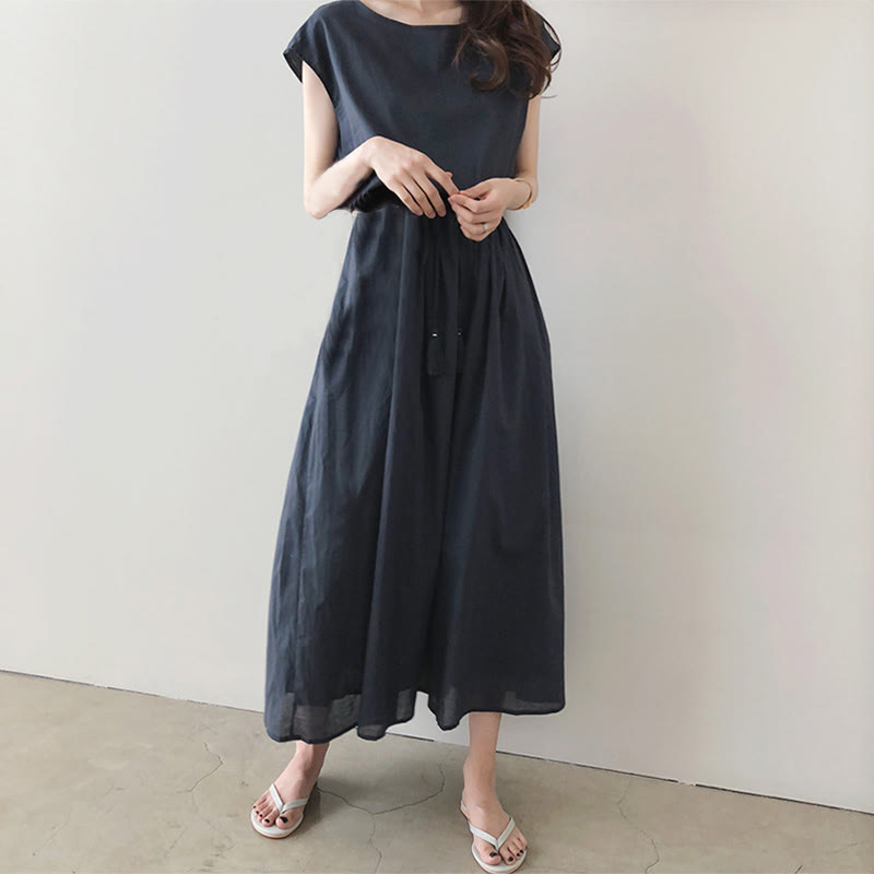 Robe midi décontractée en coton et lin à manches courtes avec cordon de serrage et motif Buddha Stones