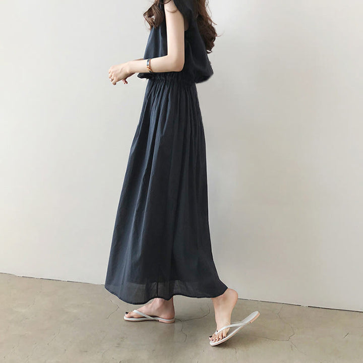 Robe midi décontractée en coton et lin à manches courtes avec cordon de serrage et motif Buddha Stones