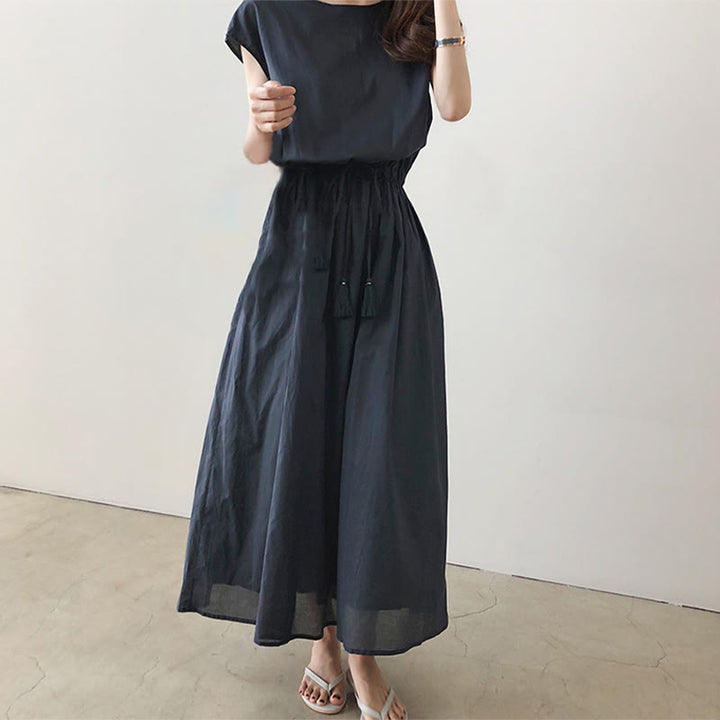 Robe midi décontractée en coton et lin à manches courtes avec cordon de serrage et motif Buddha Stones