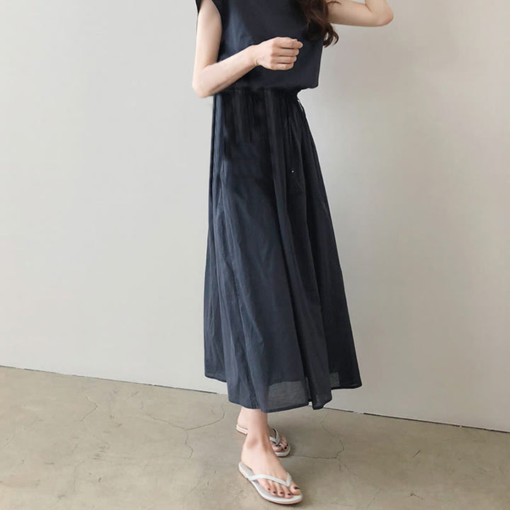 Robe midi décontractée en coton et lin à manches courtes avec cordon de serrage et motif Buddha Stones