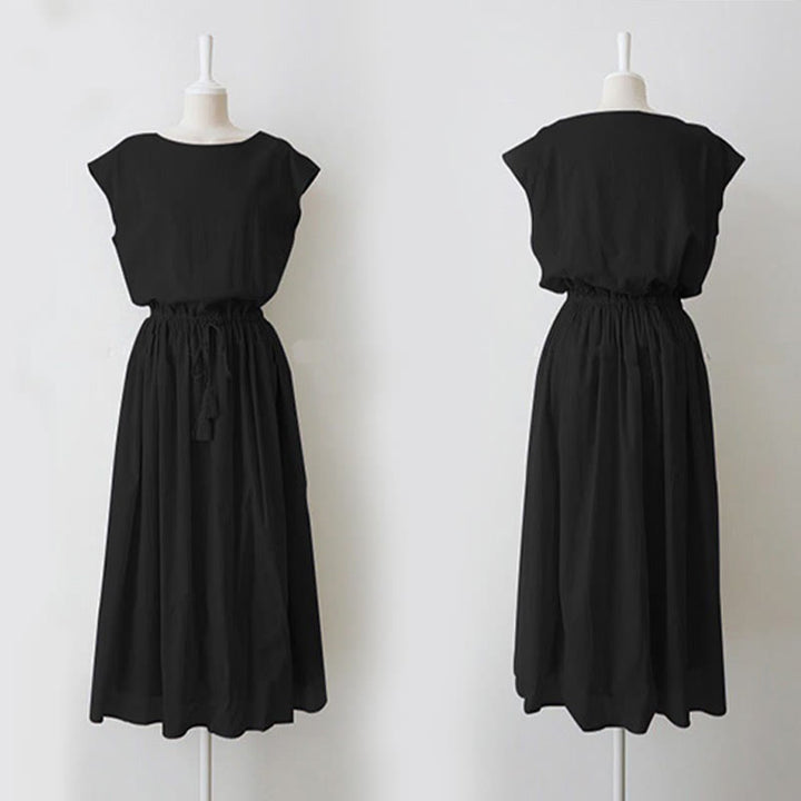 Robe midi décontractée en coton et lin à manches courtes avec cordon de serrage et motif Buddha Stones