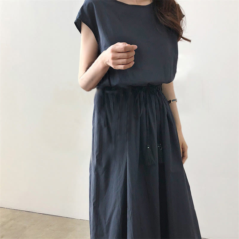 Robe midi décontractée en coton et lin à manches courtes avec cordon de serrage et motif Buddha Stones
