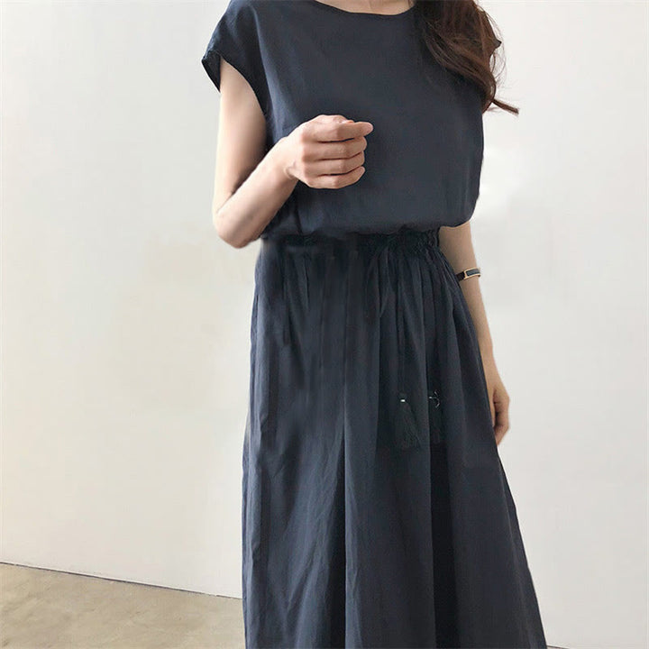 Robe midi décontractée en coton et lin à manches courtes avec cordon de serrage et motif Buddha Stones