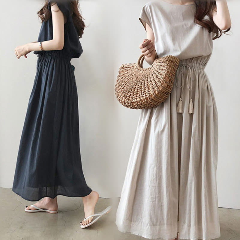 Robe midi décontractée en coton et lin à manches courtes avec cordon de serrage et motif Buddha Stones