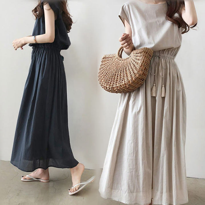Robe midi décontractée en coton et lin à manches courtes avec cordon de serrage et motif Buddha Stones